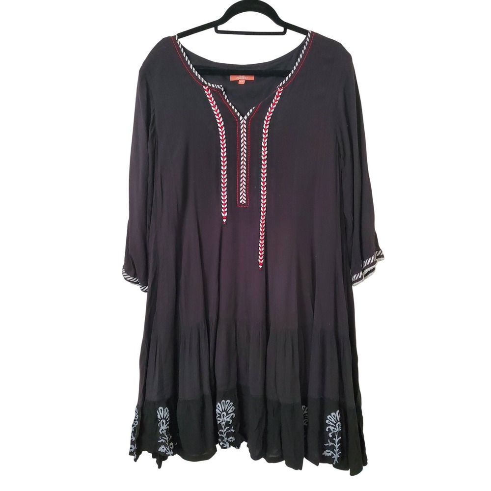Pink Sky Black Embroidered Tiered Dress‎ Size XL Bohemian Hippie Full Skirt